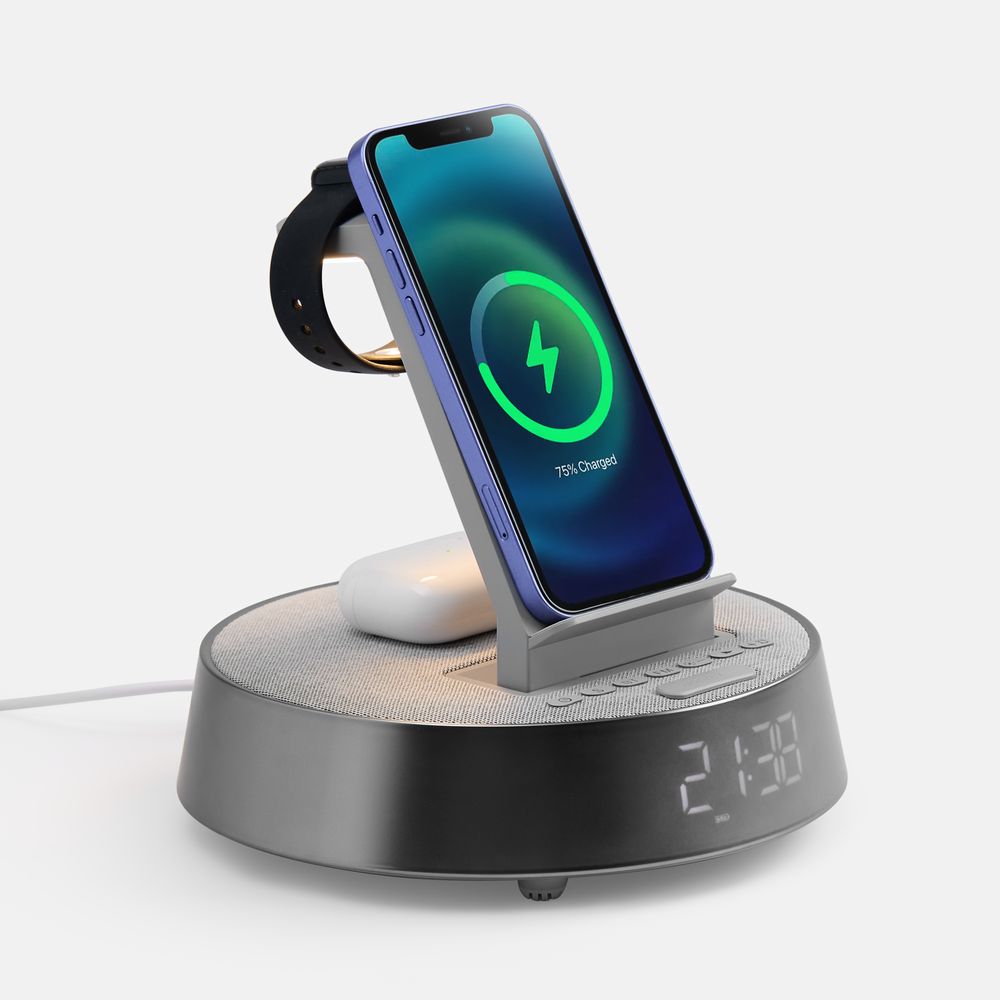 Bluetooth-колонка с беспроводной зарядкой и часами netEnergy, серая-0