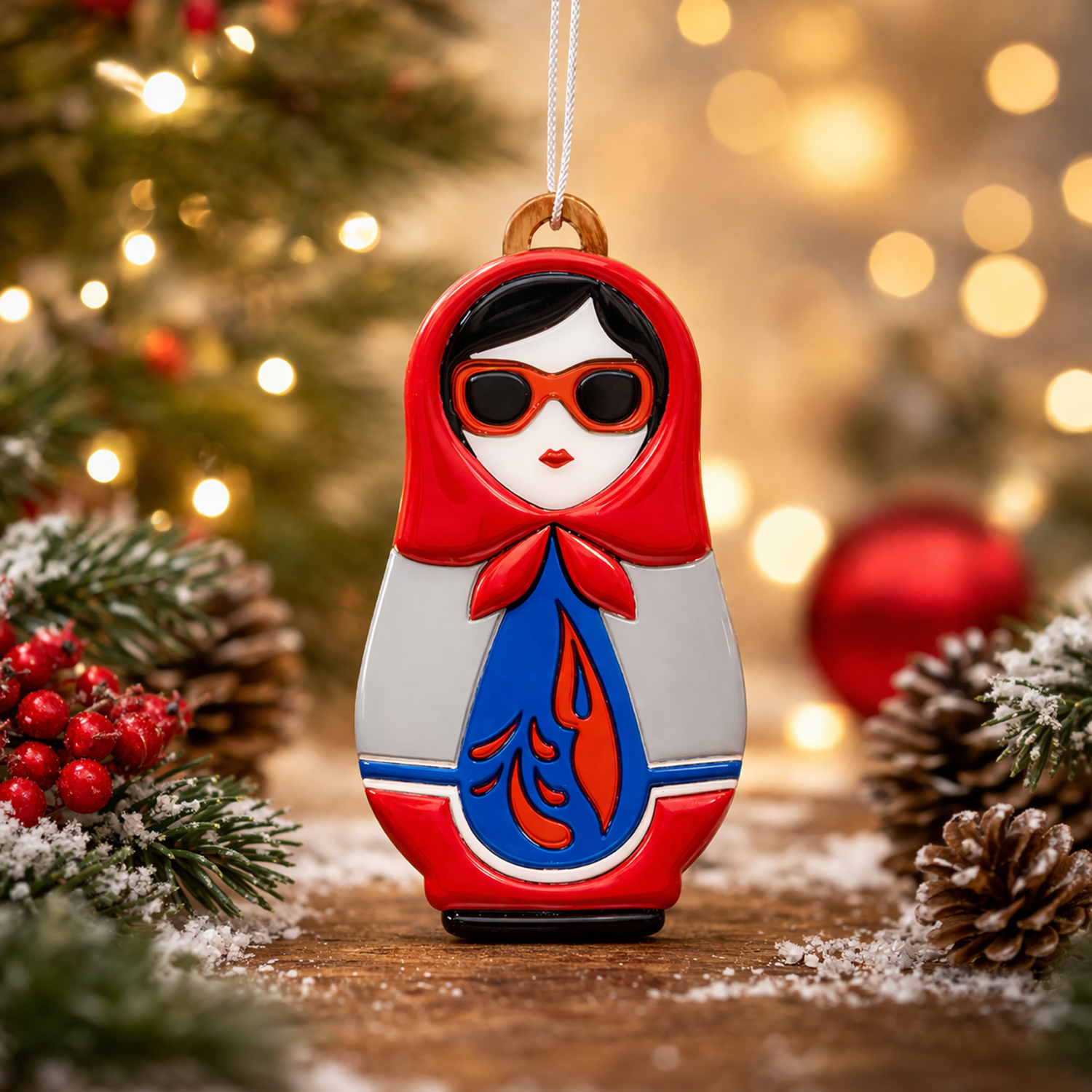 Ёлочная игрушка Матрёшка с узорами (красный с синим)-6