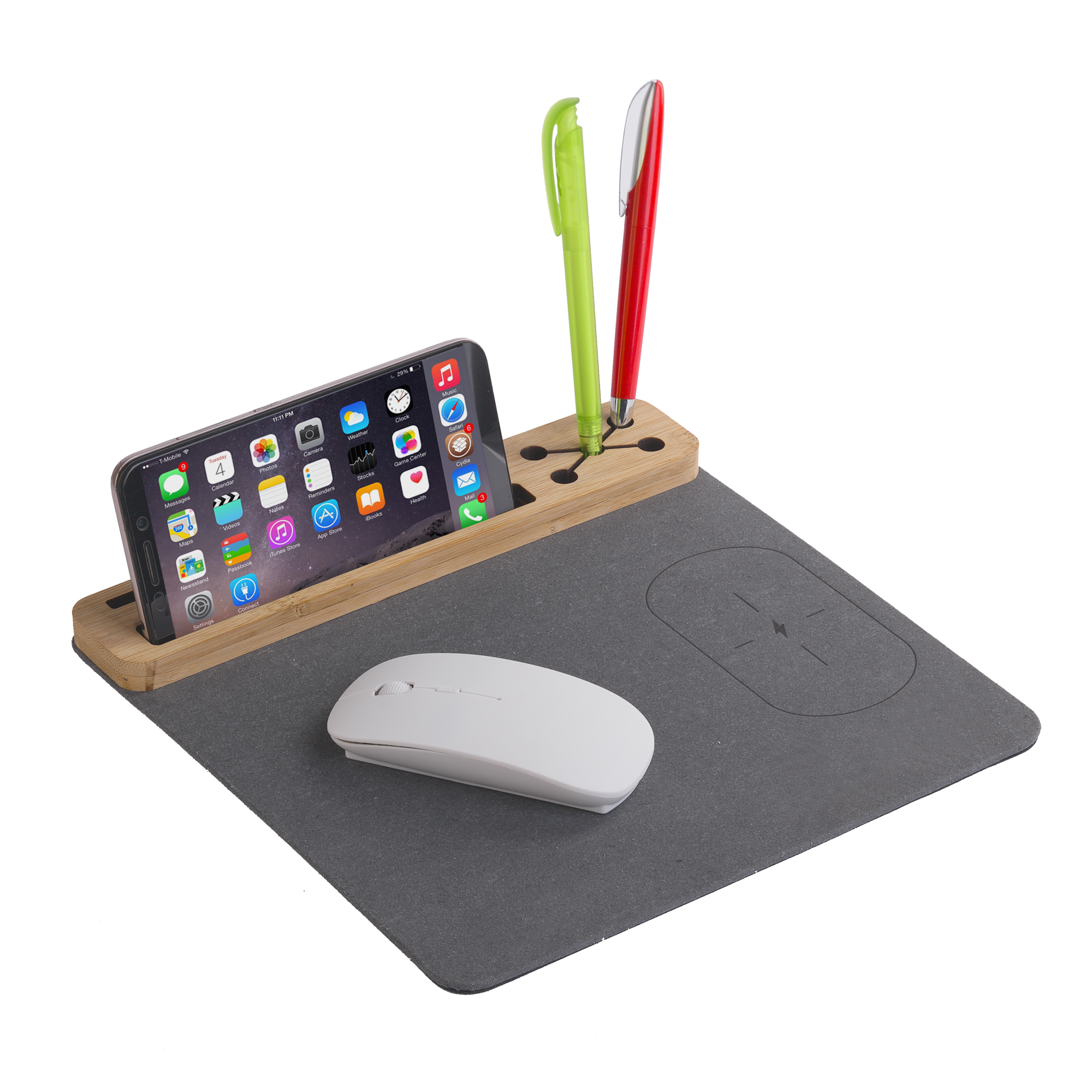 Настольная подставка с беспроводным зарядным устройством, переработанная кожа/бамбук-0