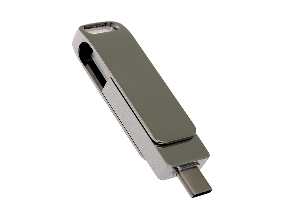 USB 2.0- флешка на 16 Гб поворотный механизм 2 в 1, c дополнительным разъемом Type-C с одноцветным металлическим клипом, серебристый-1