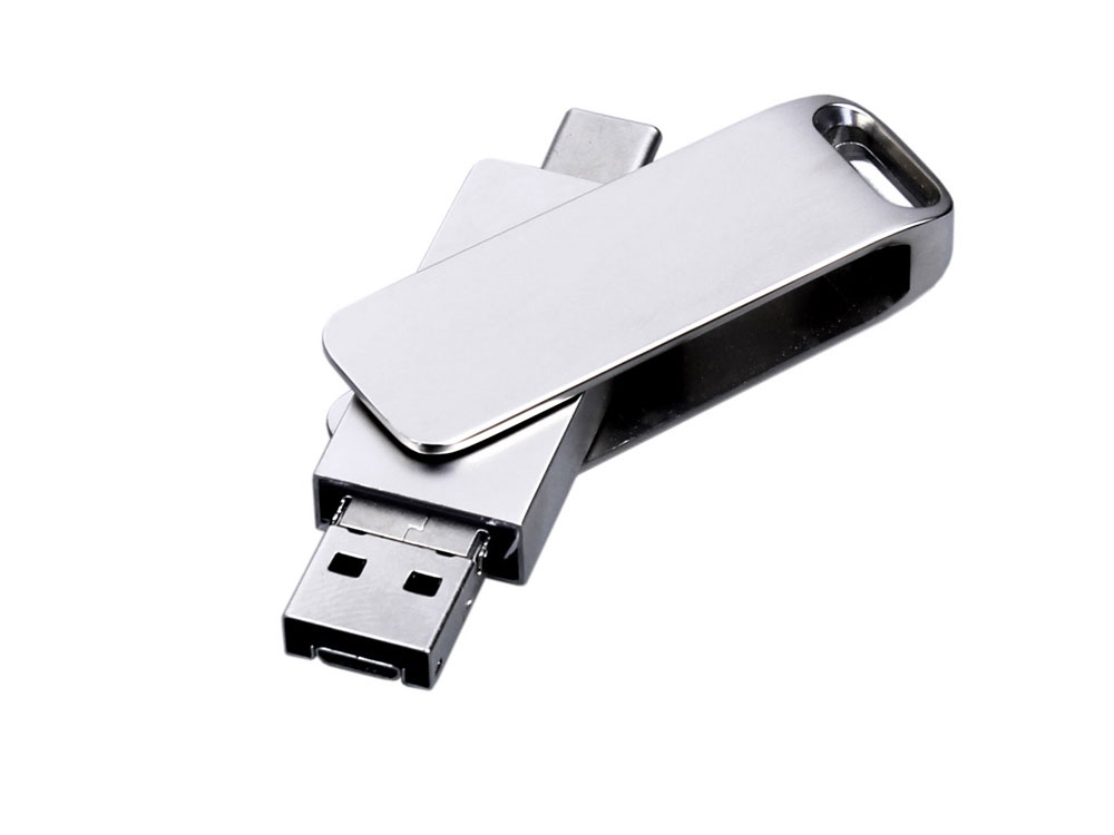 USB 2.0-флешка на 64 Гб поворотный механизм, c дополнительным разъемом Micro USB с одноцветным металлическим клипом-0