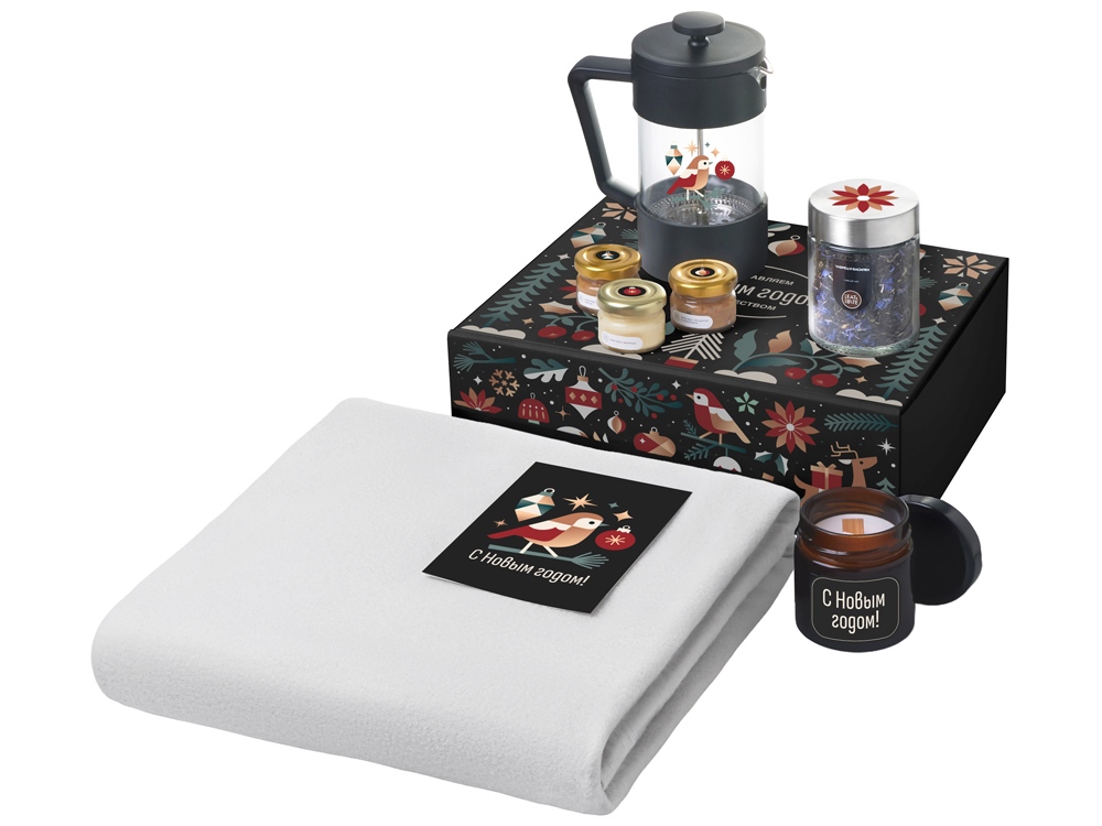 Подарочный набор c пледом, френчпрессом, чаем и медом, серый-0