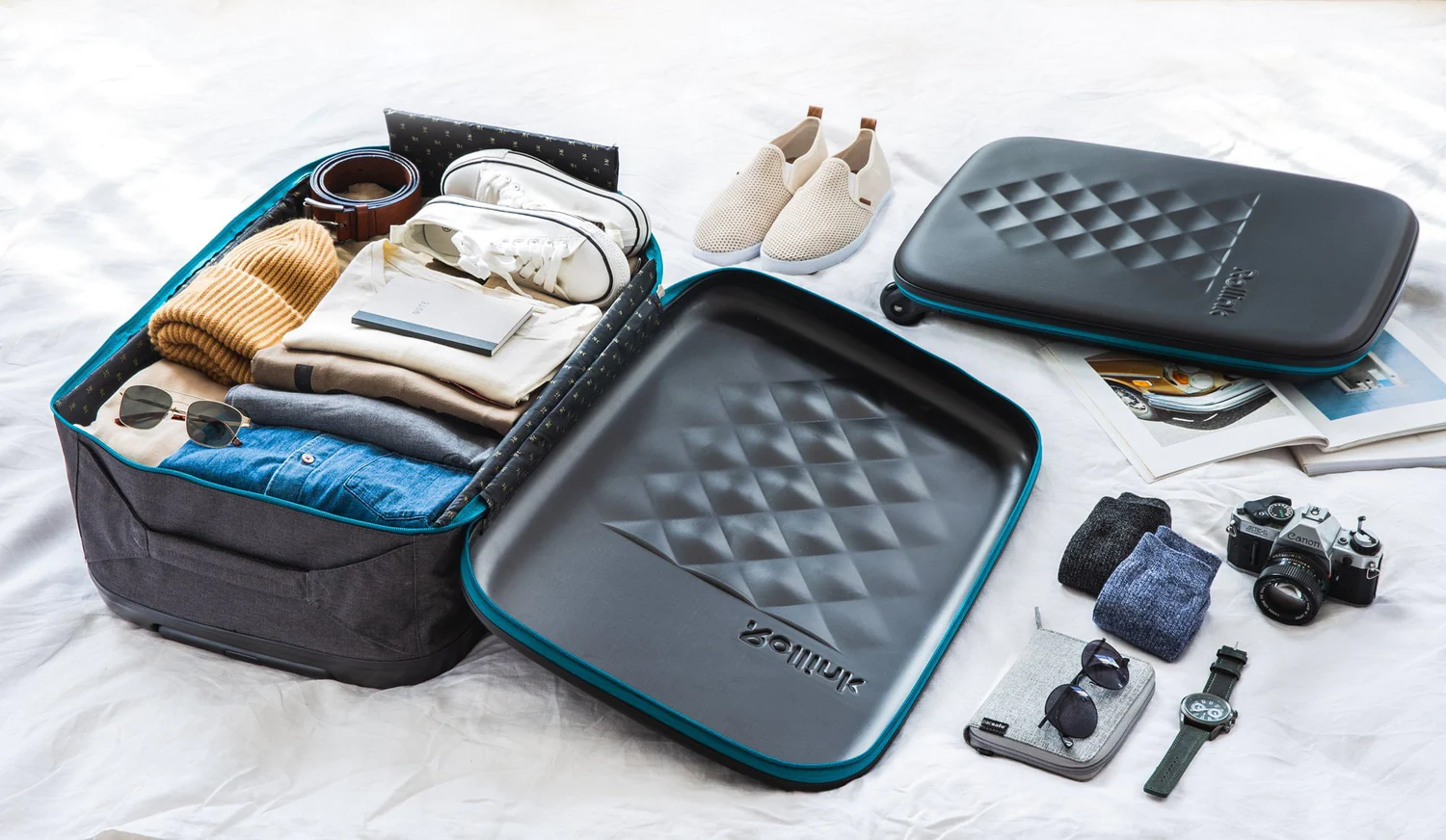 Чемодан складной Rollink Earth 55x40x20 см, 2 колеса, черный/синий-15