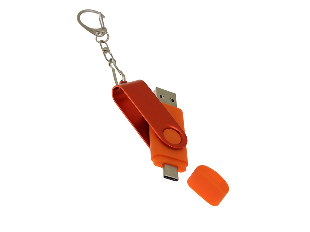 USB-флешка на 32 Гб 2 в 1 поворотный механизм, c дополнительным разъемом Type-C с одноцветным металлическим клипом, оранжевый-3
