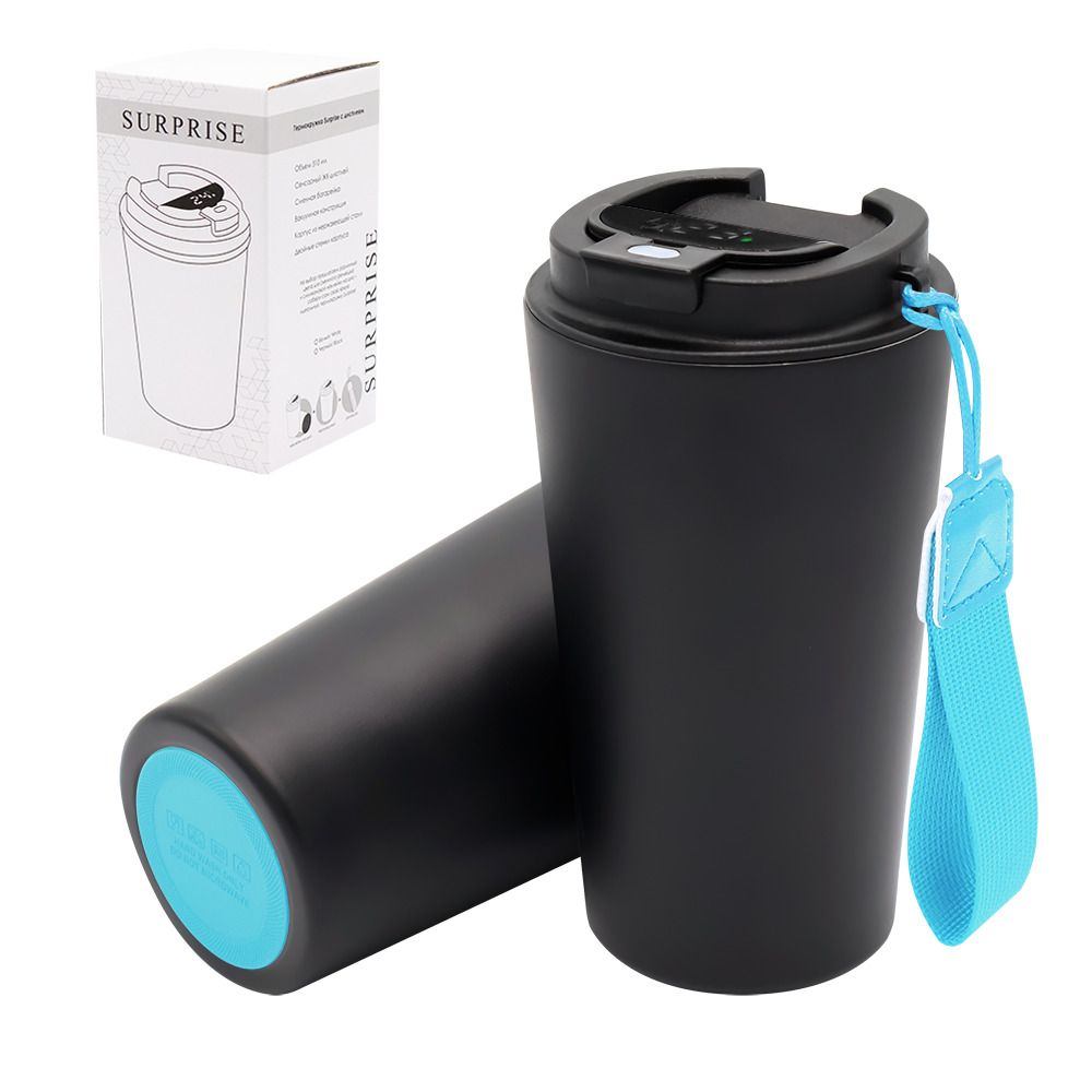 Термокружка Surprise To Go с индикатором, Черный/Бирюзовый-0
