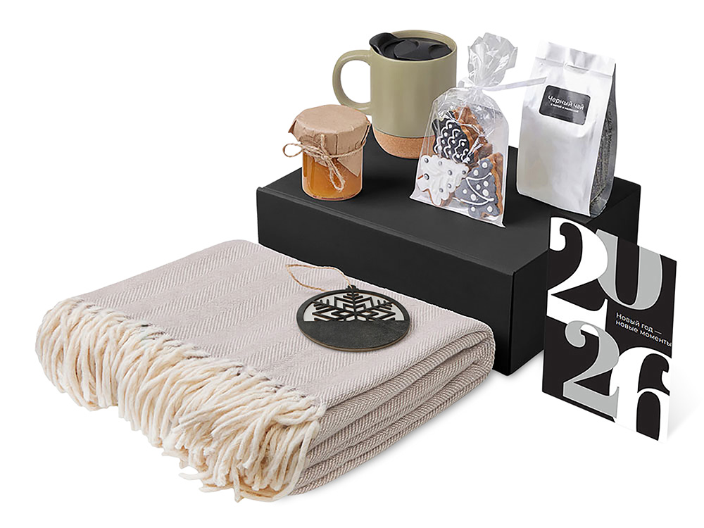 Подарочный набор c пледом, кружкой и вареньем, оливковый-1