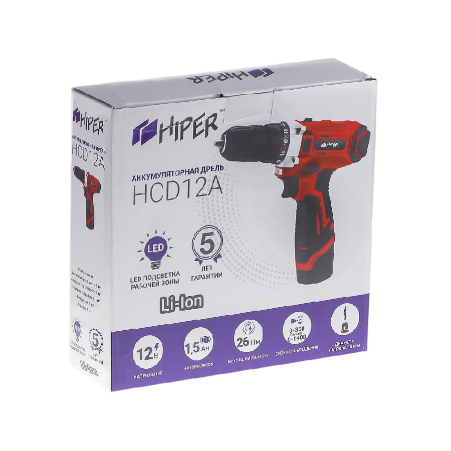 Шуруповерт аккумуляторный HIPER HCD12A/2А, 12В, в кейсе, Li-ion батарея 1,5 Ач (2 шт), 25Нм, красный-3