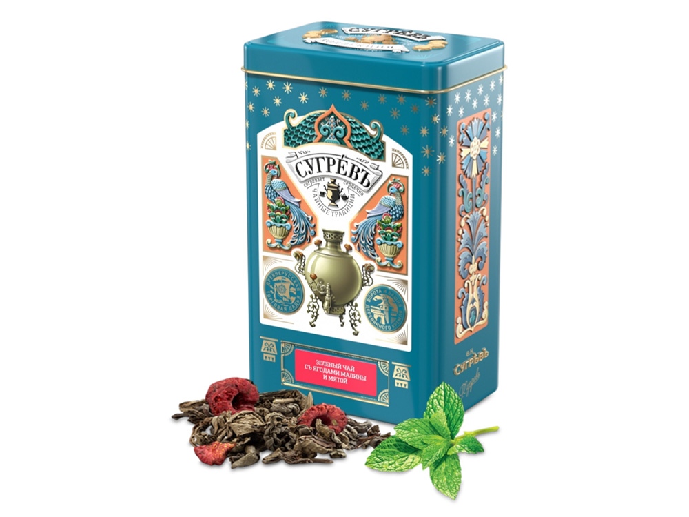 БОЛЬШАЯ БАНКА С РЕЛЬЕФОМ. Зелёный чай с мятой и цельными ягодами малины.500г.-0
