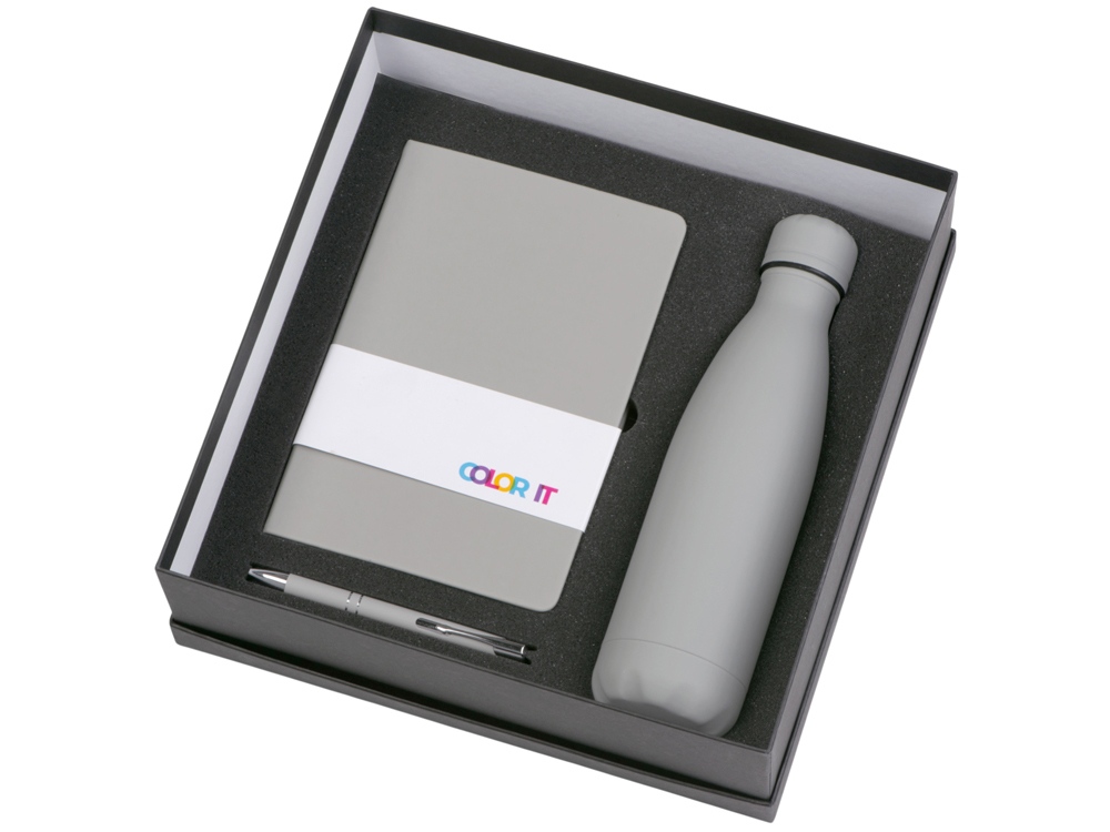 Подарочный набор с блокнотом С2, металлической ручкой и термобутылкой, серый-1