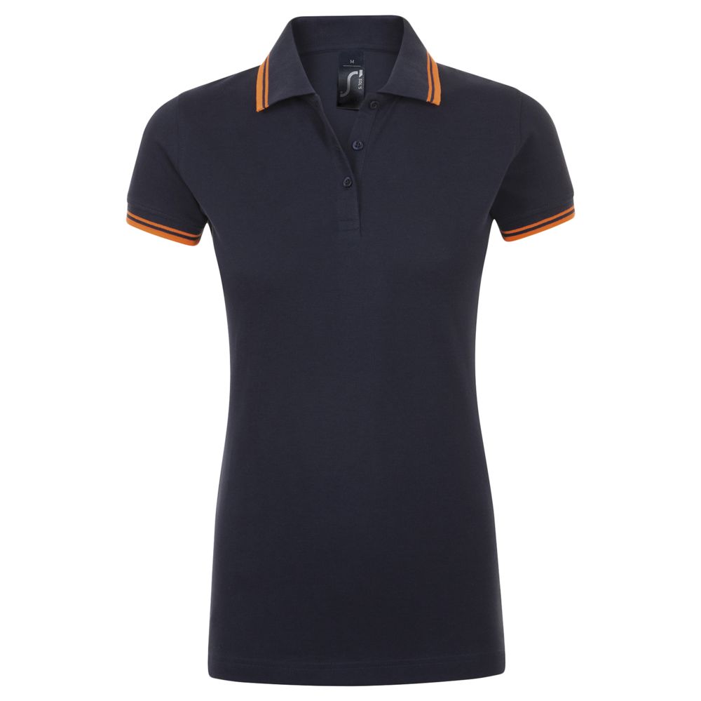 Рубашка поло женская Pasadena Women 200 с контрастной отделкой, темно-синяя (navy) с неоново-оранжевым-0