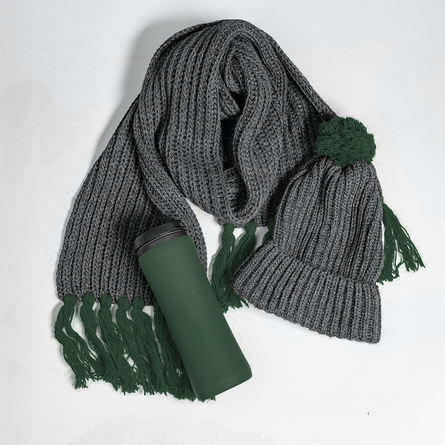 Набор подарочный COLD NIGHT: шарф и шапка, термокружка; темно-зеленый, темно-зелёный-1