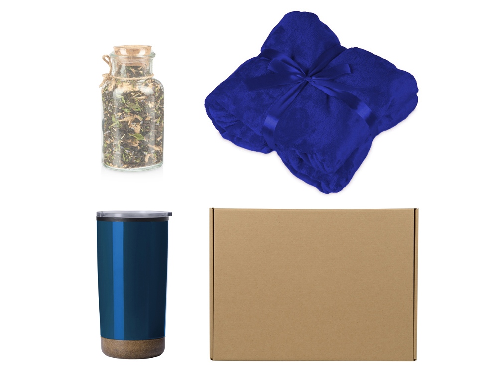 Подарочный набор с пледом, термокружкой и чаем, синий-0