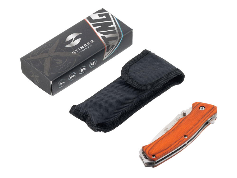 Нож складной Stinger, 110 мм, (серебристый), материал рукояти: дерево/сталь (коричневый)-4