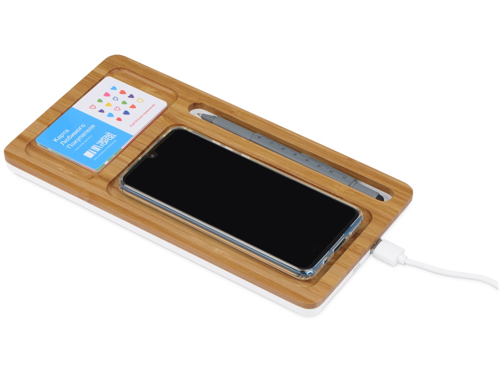 Беспроводное зарядное устройство-органайзер из бамбука Timber, темно-натуральный/белый-1