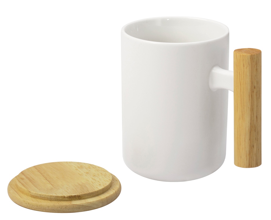 Кружка с ручкой и крышкой из каучукового дерева Jeny, белый-1