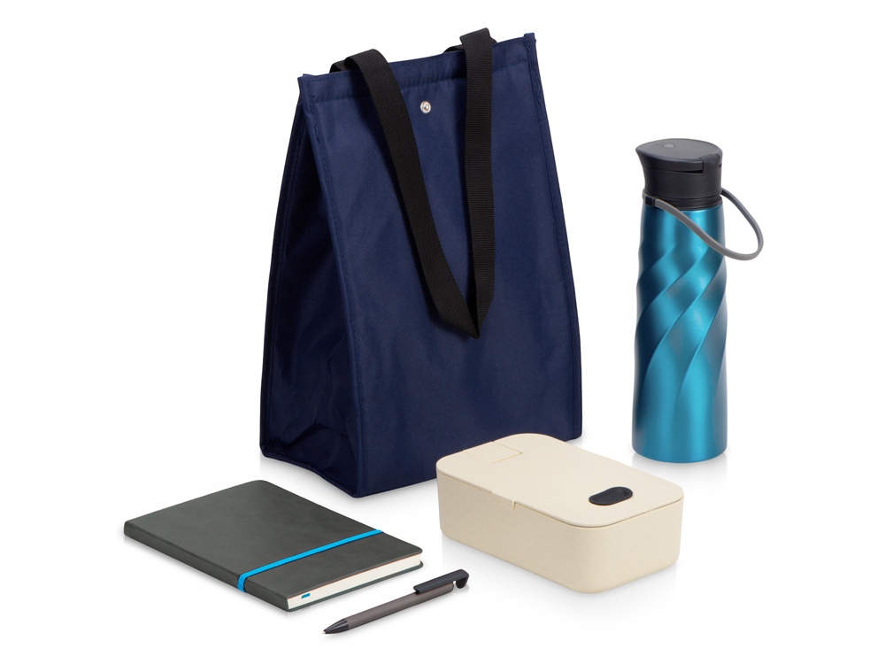 Подарочный набор с блокнотом, ручкой, ланчбоксом и бутылкой для воды Breaktime, синий-0
