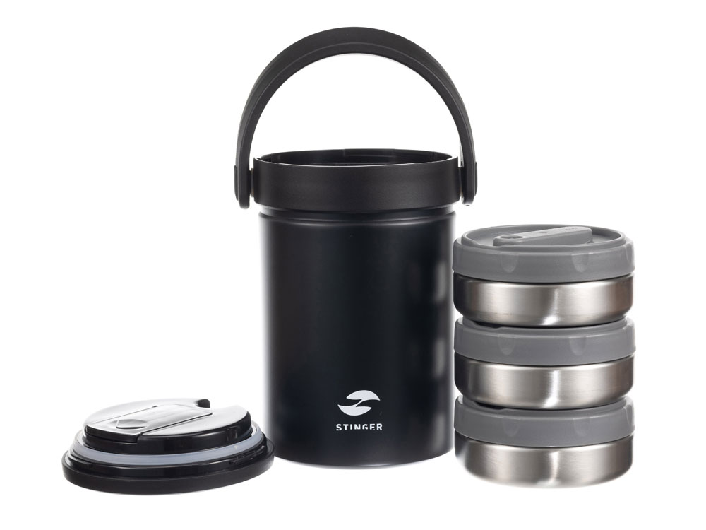 Термос ланч-бокс Stinger, 1,7 л, широкий, сталь, чёрный, три контейнера, 16,1 x 14,9 x 21,5-5