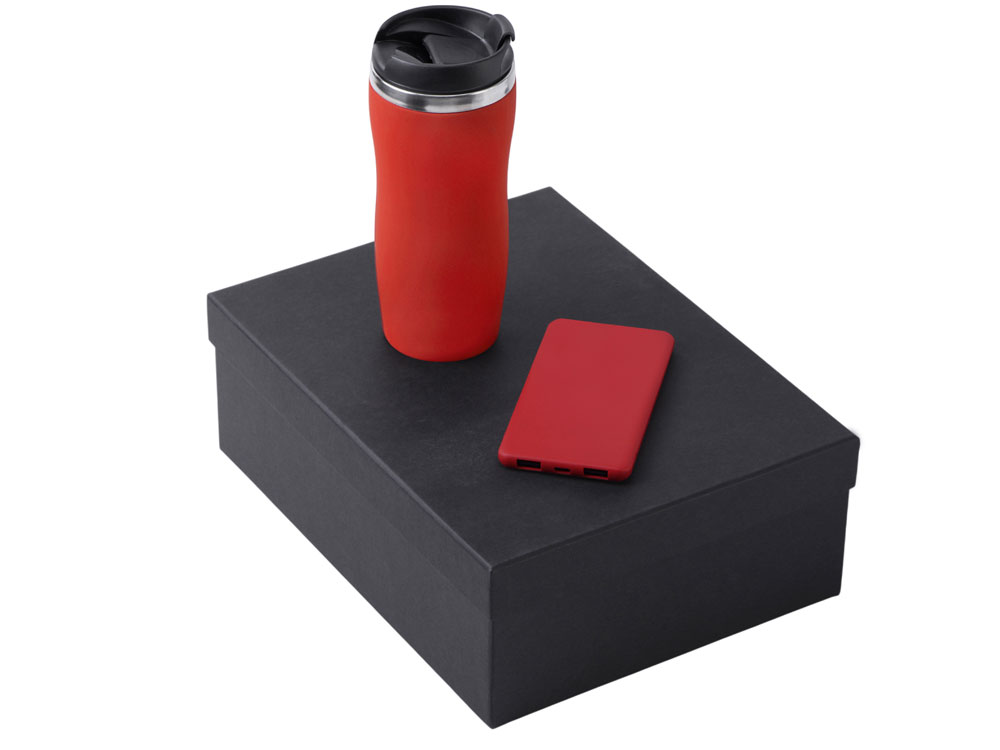 Подарочный набор c вакуумной термокружкой и повербанком С1, красный-0