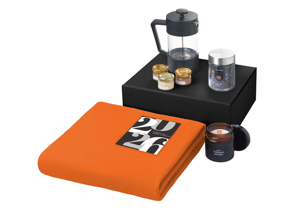 Подарочный набор c пледом, френчпрессом, чаем и медом, оранжевый-1