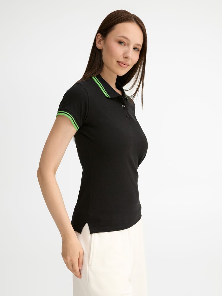 Рубашка поло женская Pasadena Women 200 с контрастной отделкой, черная с зеленым-4