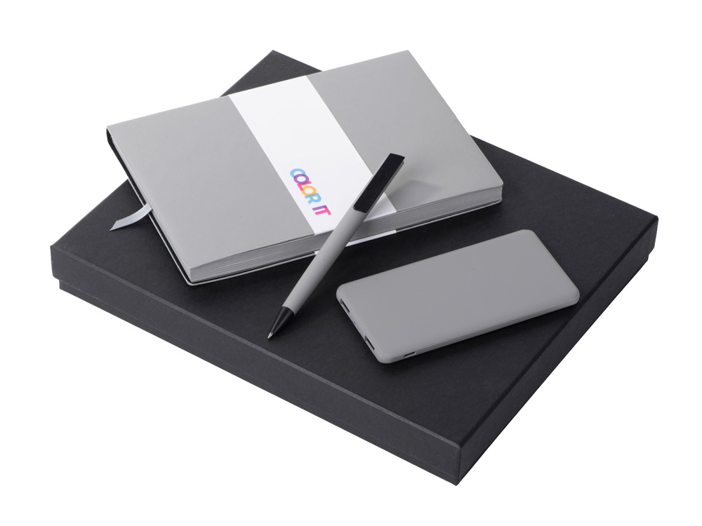 Подарочный набор c блокнотом С1, ручкой и повербанком 5000 mAh,  серый-0