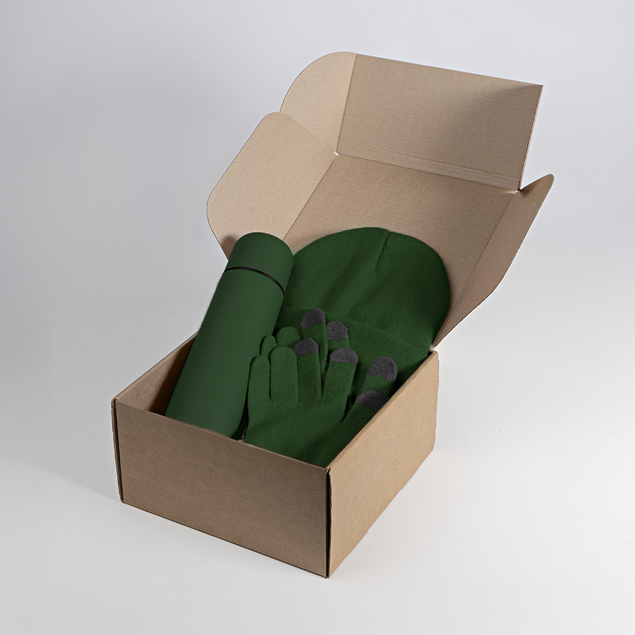 Набор подарочный GET WARM: перчатки, шапка, термос; зеленый, зеленый-2