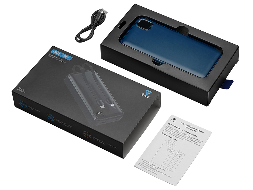 Внешний аккумулятор со встроенными кабелями Фрэйм Про, быстрая зарядка, 20000мач, тёмно-синий-6