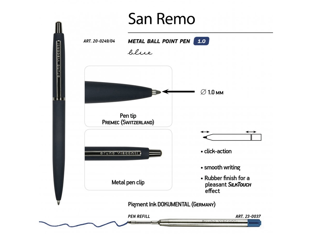 Ручка SAN REMO шариковая, автоматическая, темно-синий металлический корпус 1.00 мм, синяя-2
