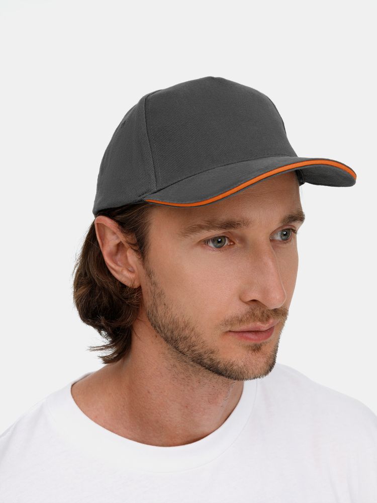 Бейсболка Long Beach, серая с оранжевым-3