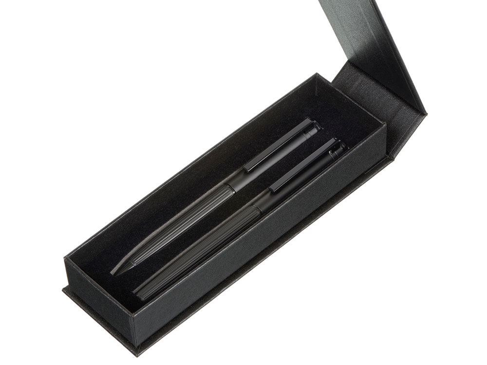 Набор из шариковой ручки и ручки-роллера с анодированным зеркальным слоем в подарочной коробке Monarch Black, черный-7