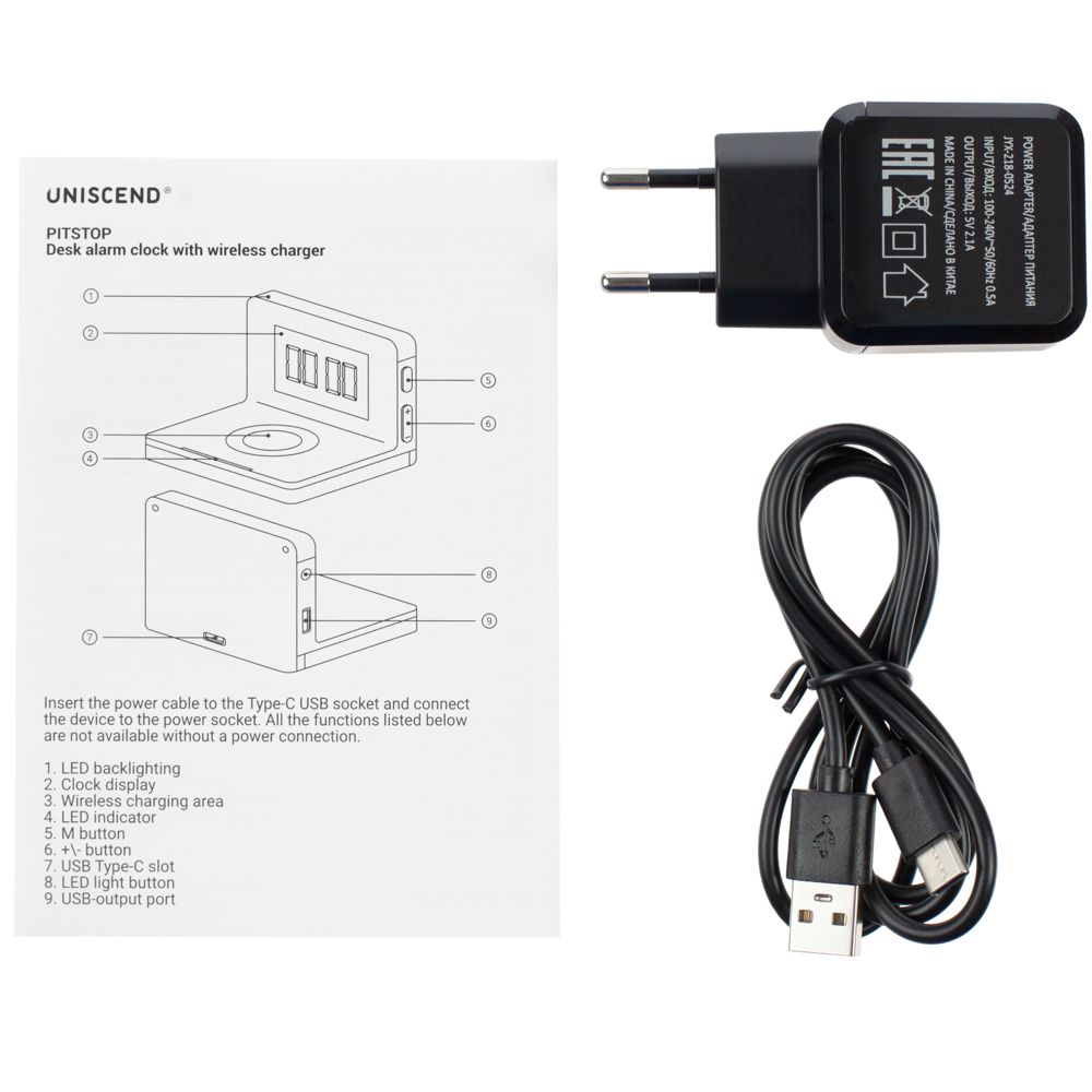 Часы настольные с беспроводным зарядным устройством Pitstop, черные-6