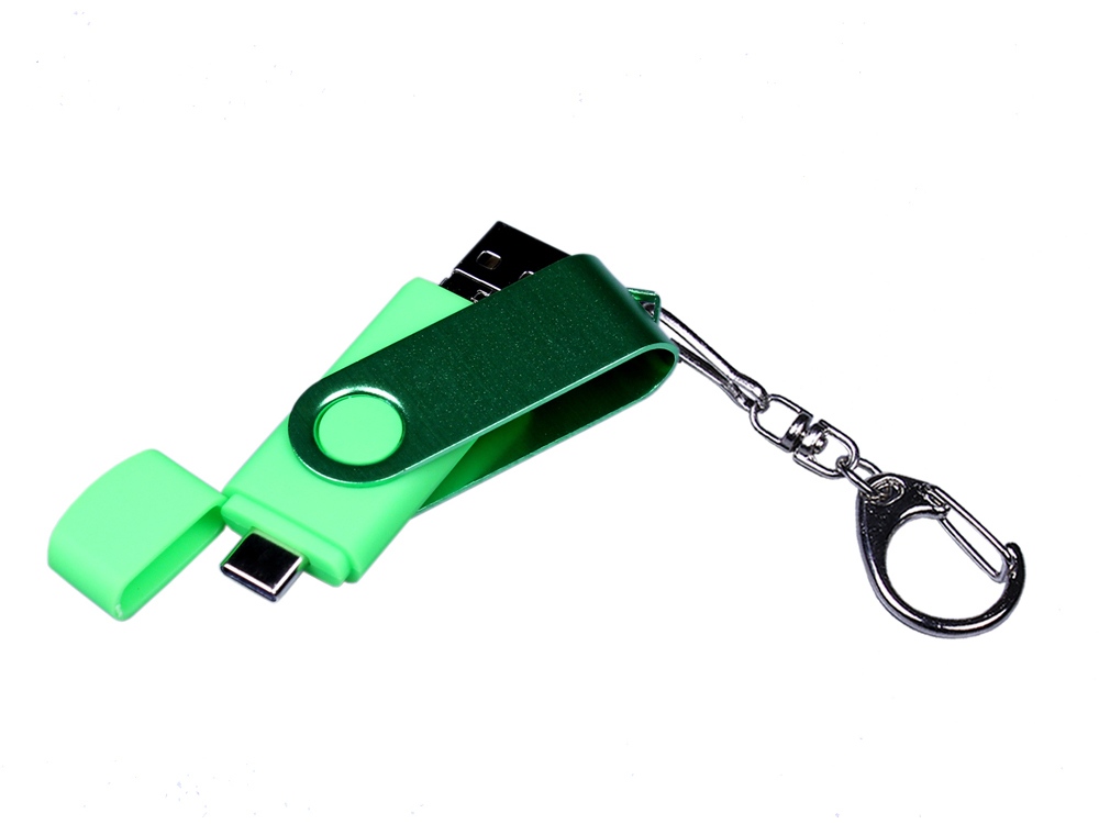 USB-флешка на 64 ГБ 3 в 1 поворотный механизм, c двумя дополнительными разъемами MicroUSB и TypeC C с одноцветным металлическим клипом, зеленый-3