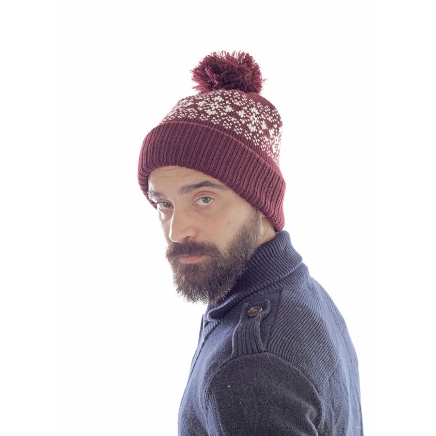 Шапка вязаная  с снежинками и помпоном "FLAKE"_бордо, 100% акрил , бордовый-2
