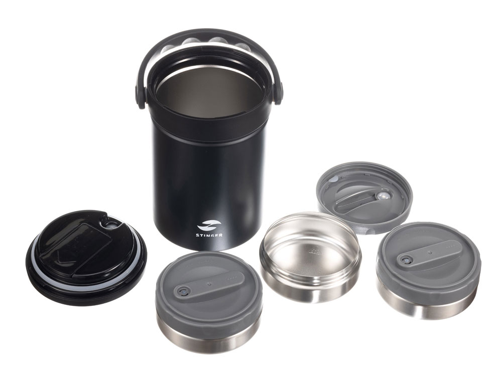 Термос ланч-бокс Stinger, 1,7 л, широкий, сталь, чёрный, три контейнера, 16,1 x 14,9 x 21,5-4