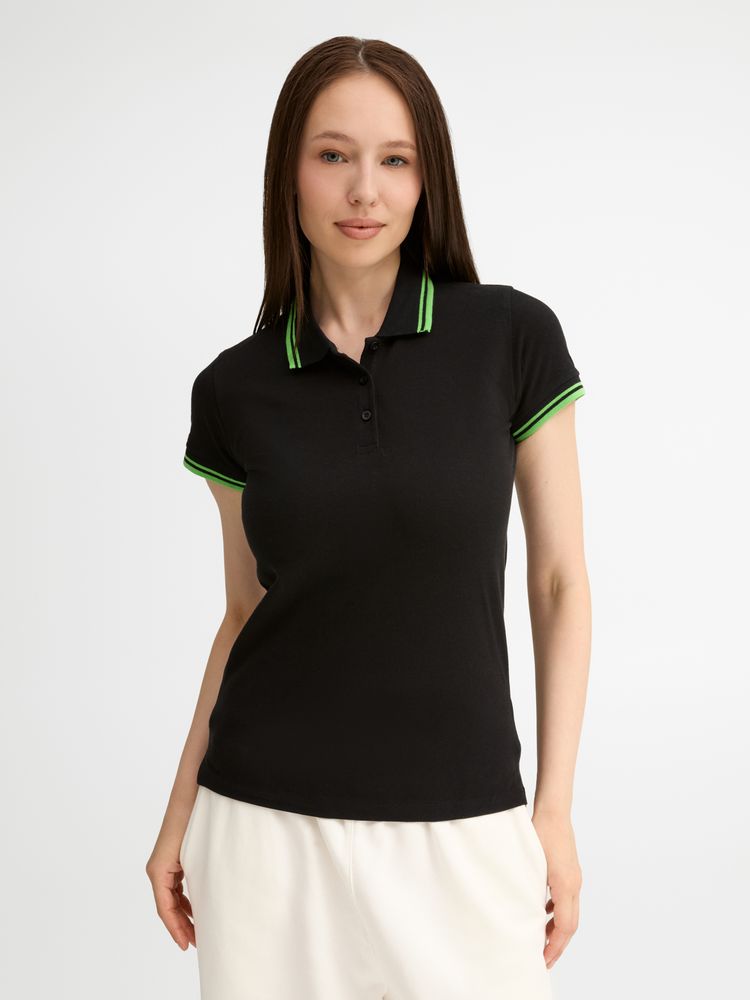 Рубашка поло женская Pasadena Women 200 с контрастной отделкой, черная с зеленым-4