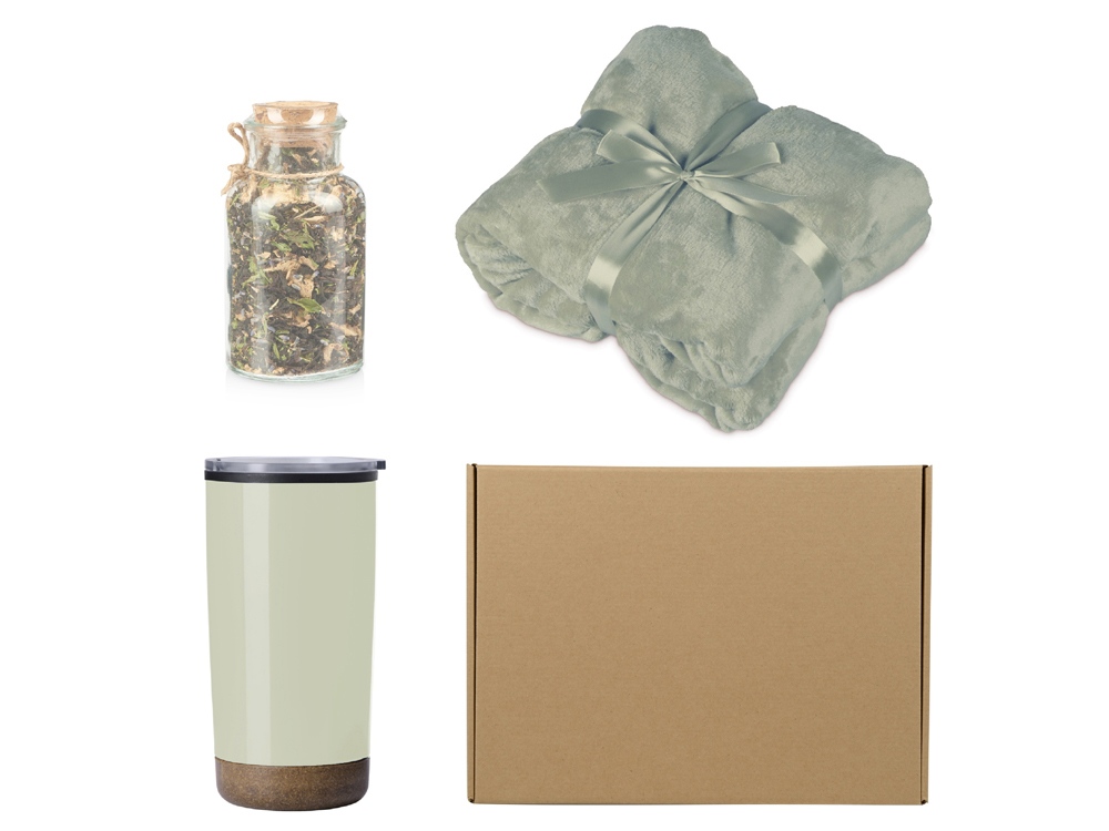 Подарочный набор с пледом, термокружкой и чаем, оливковый-0