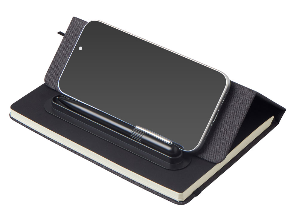 Набор блокнот А5 с магнитным держателем для ручки и подставкой для телефона и металлической шариковой ручкой NotaBene, черный-1