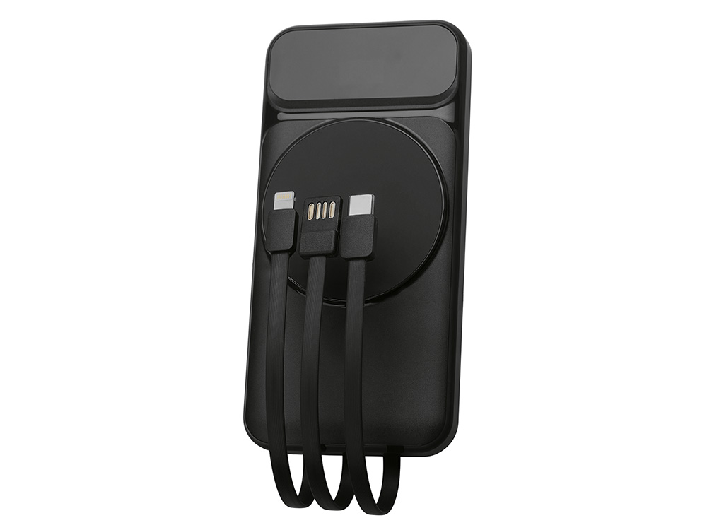 Магнитный беспроводной внешний аккумулятор со встроенными кабелями Мэни,быстаря зарядка, 10000 мАч, черный-4