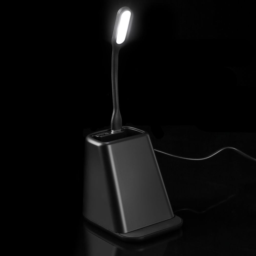 Настольный органайзер с зарядкой, лампой, вентилятором и подсветкой логотипа powerTower, черный-5