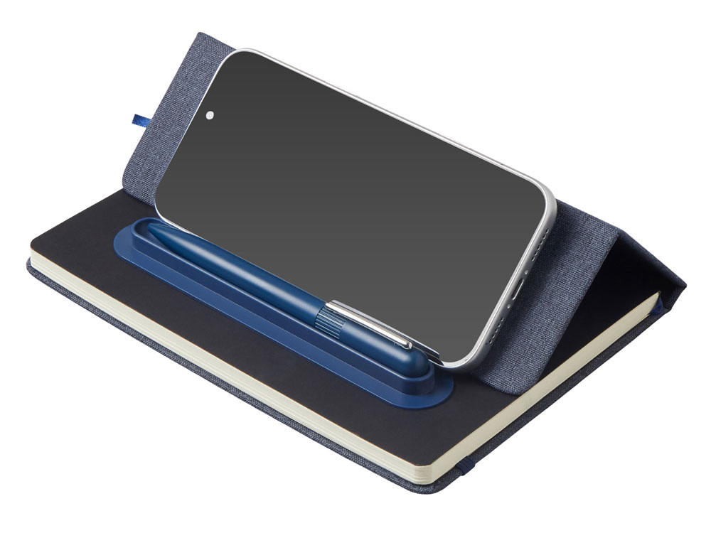 Набор блокнот А5 с магнитным держателем для ручки и подставкой для телефона и металлической шариковой ручкой NotaBene, темно-синий-1