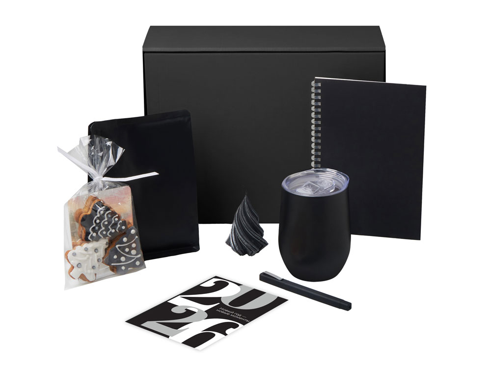 Подарочный набор c термокружкой, блокнотом, ручкой и свечкой, черный-1