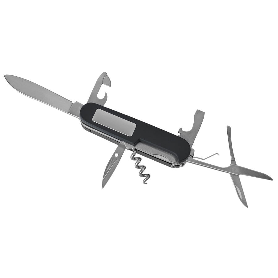 Нож многофункциональный "УРОВЕНЬ"  (11 функций),  фонарь (2 LED)  в подарочной упаковке, черный-0