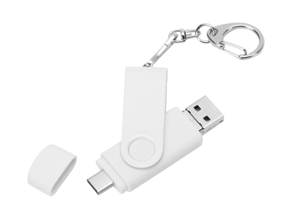 USB-флешка на 32 Гб 3 в 1 поворотный механизм, c двумя дополнительными разъемами MicroUSB и TypeC C с одноцветным металлическим клипом, белый-2