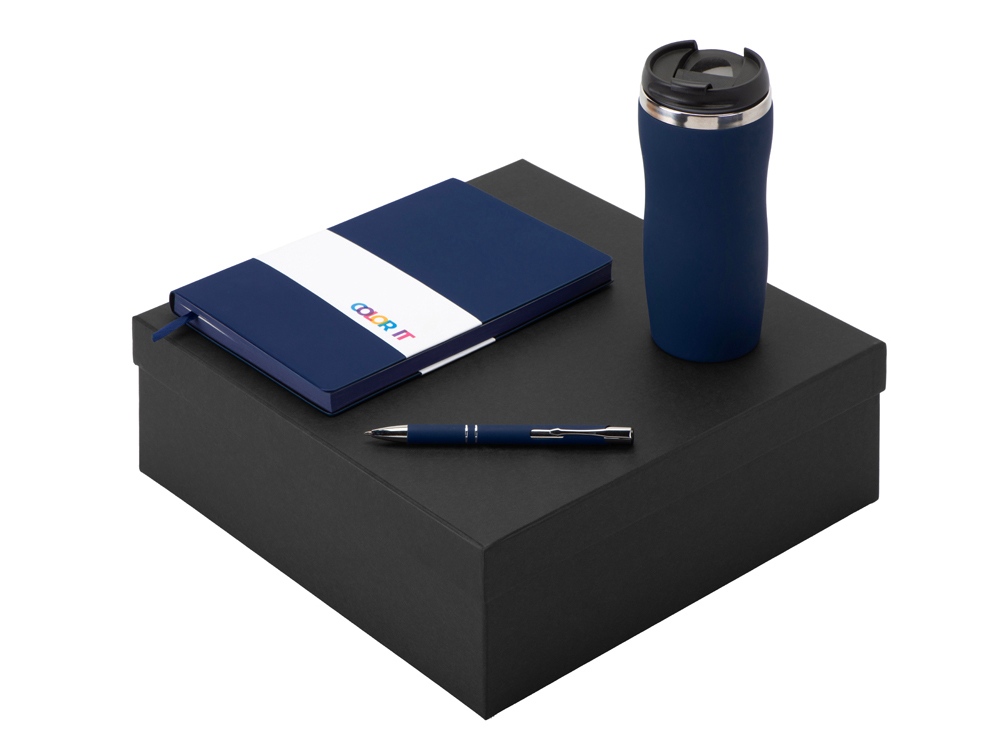 Подарочный набор с блокнотом С1, металлической ручкой и термокружкой, темно-синий-0