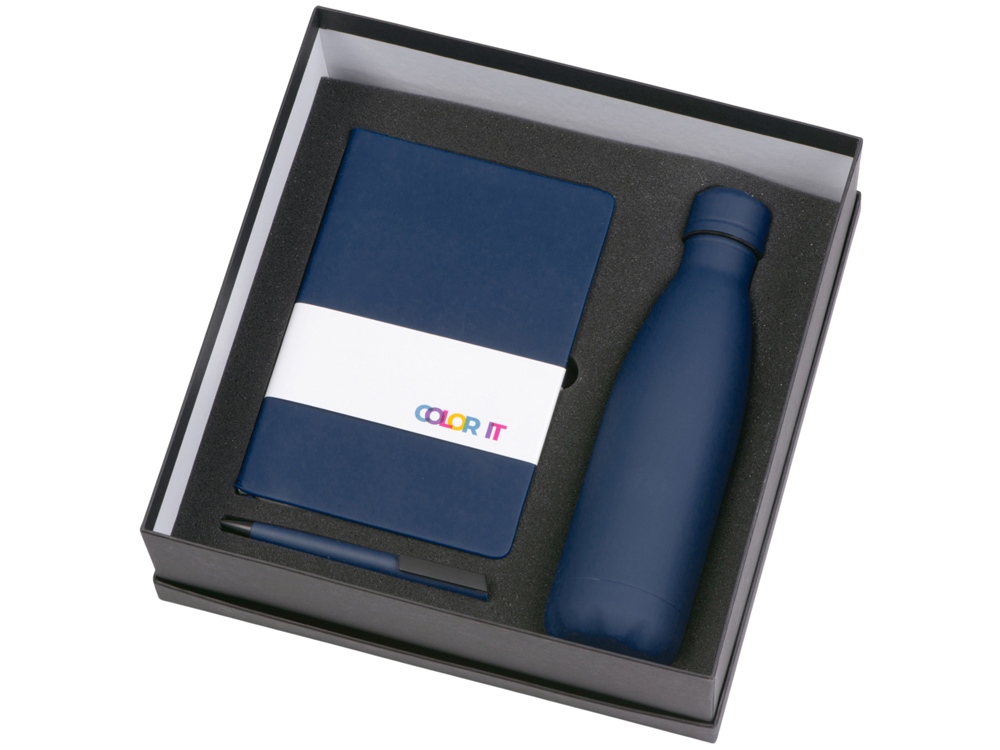 Подарочный набор c блокнотом C2, ручкой и термобутылкой, темно-синий-1