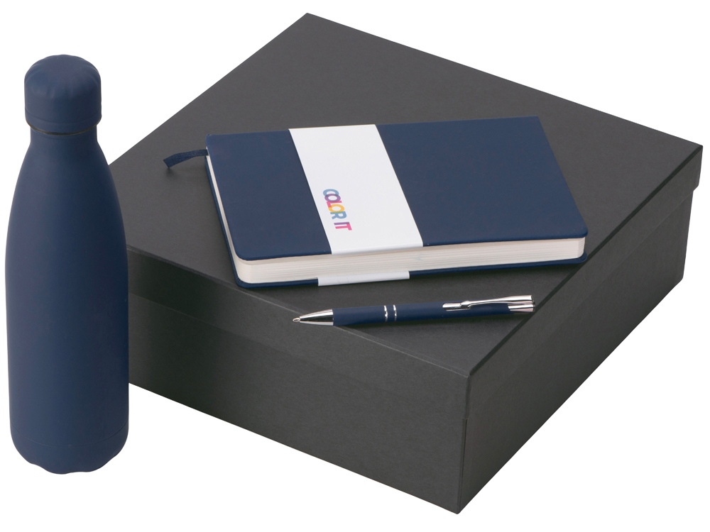 Подарочный набор с блокнотом С2, металлической ручкой и термобутылкой, темно-синий-0