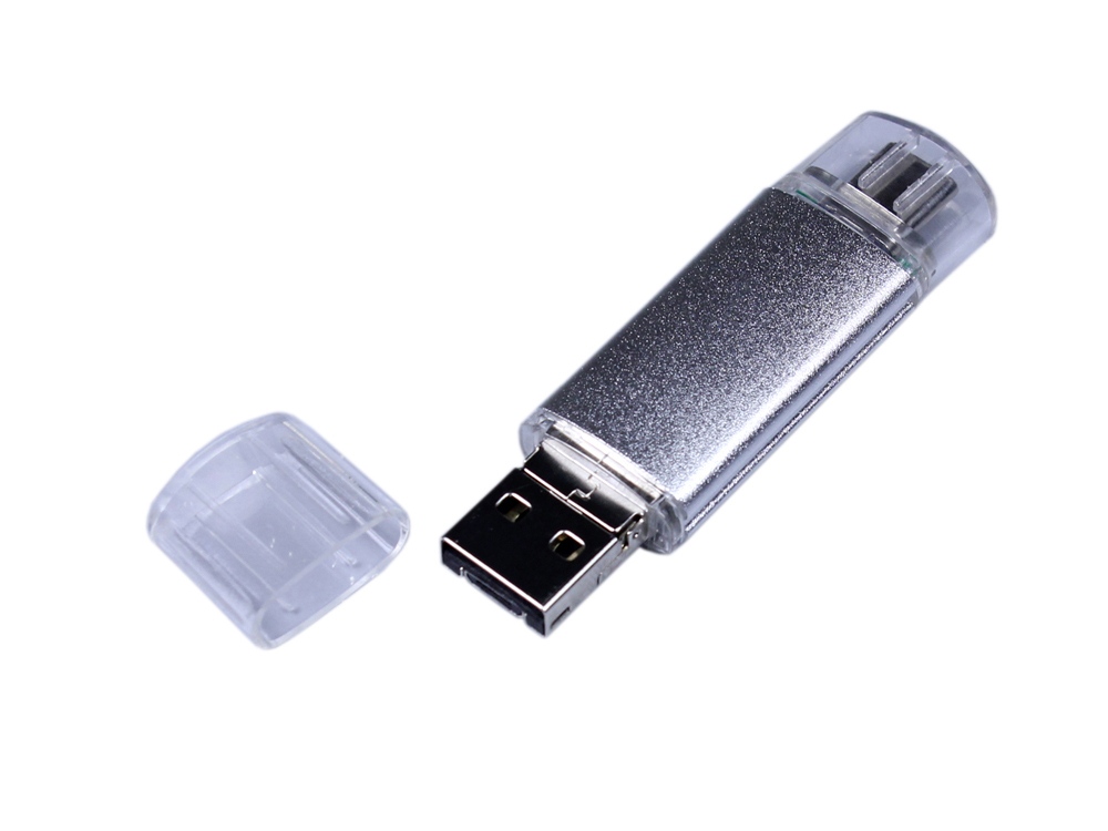 USB-флешка на 64 ГБ c двумя дополнительными разъемами MicroUSB и TypeC, серебро-1