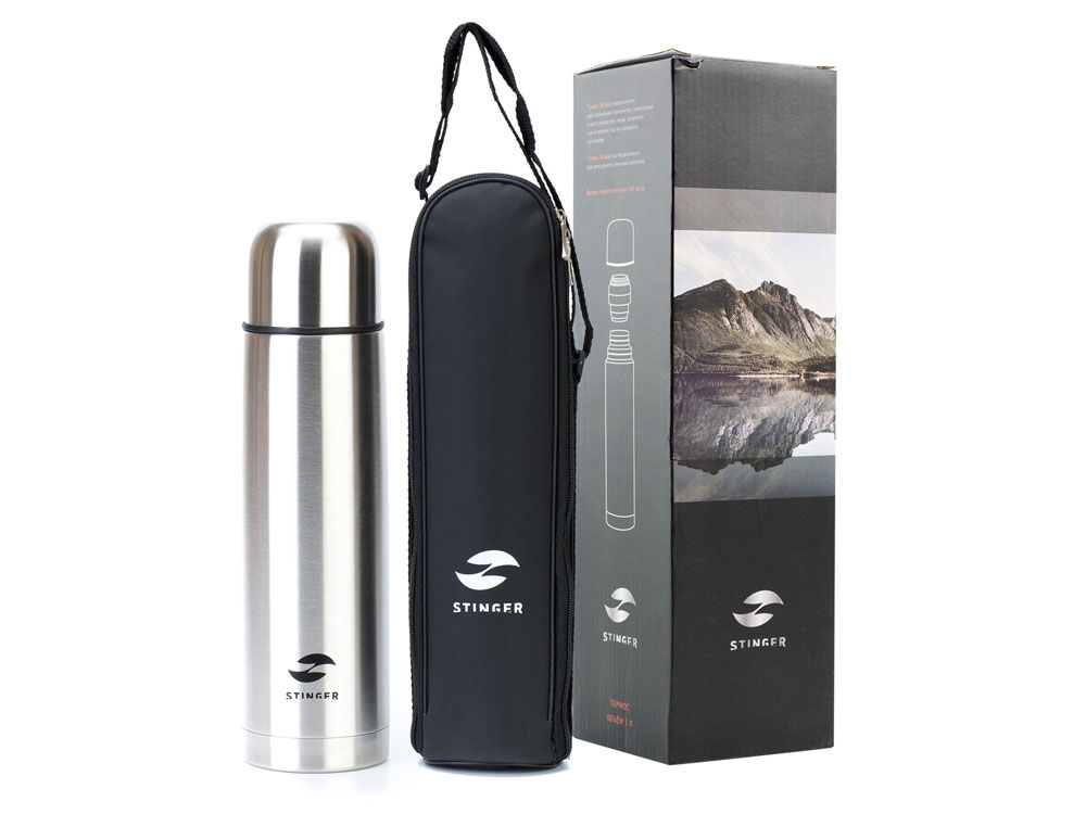 Термос Stinger с чехлом, 1 л, узкий, сталь/кожзаменитель, с чехлом, серебристый, 8,6 х 8,6 х 31,4 см-4