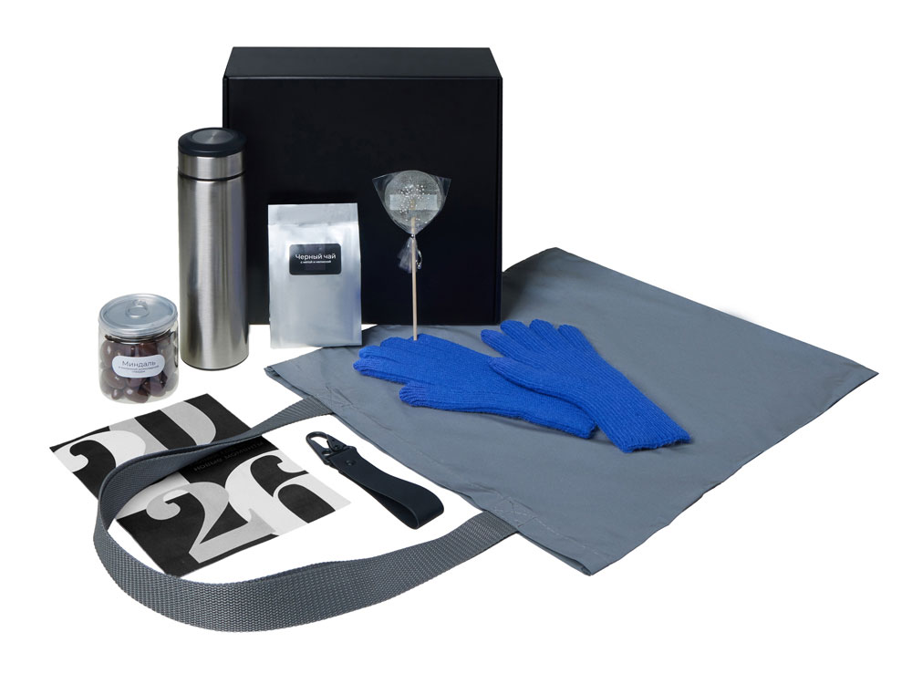 Подарочный набор с перчатками, термосом и чаем, синий-1