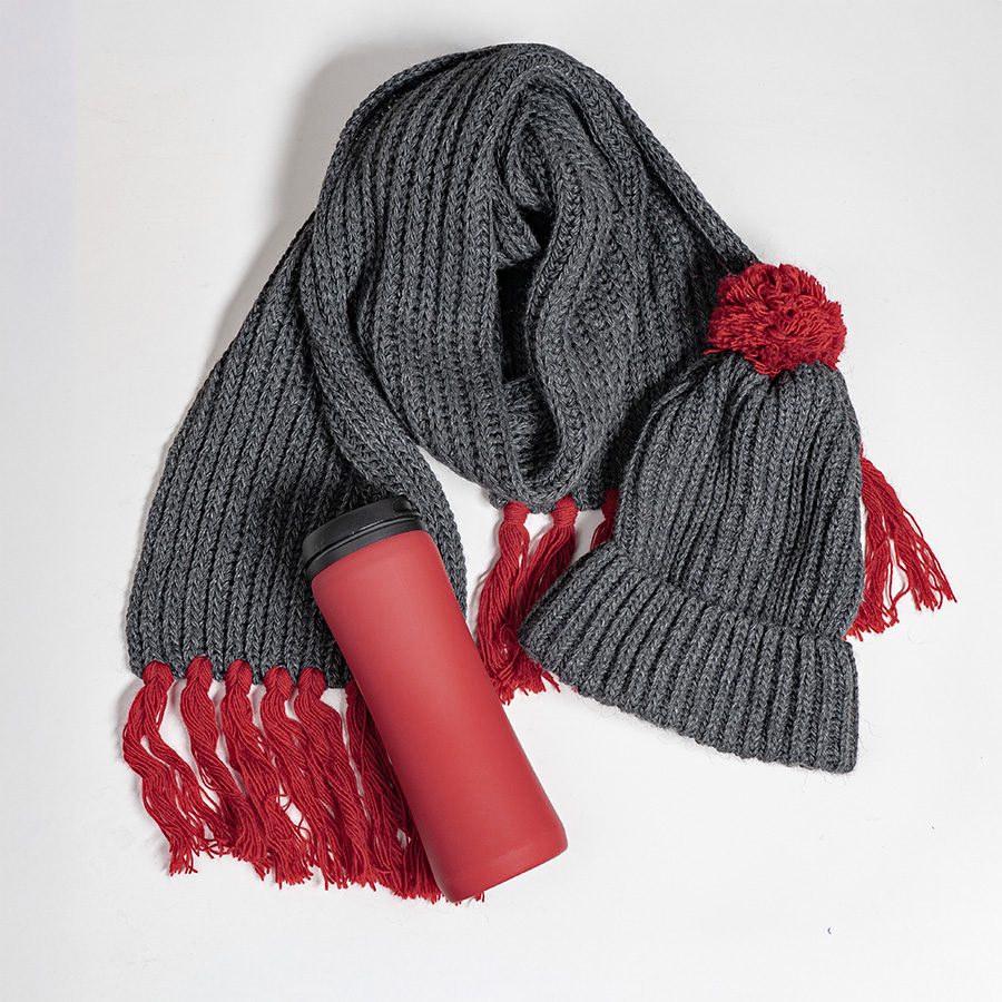 Набор подарочный COLD NIGHT: шарф и шапка, термокружка; красный, красный-1